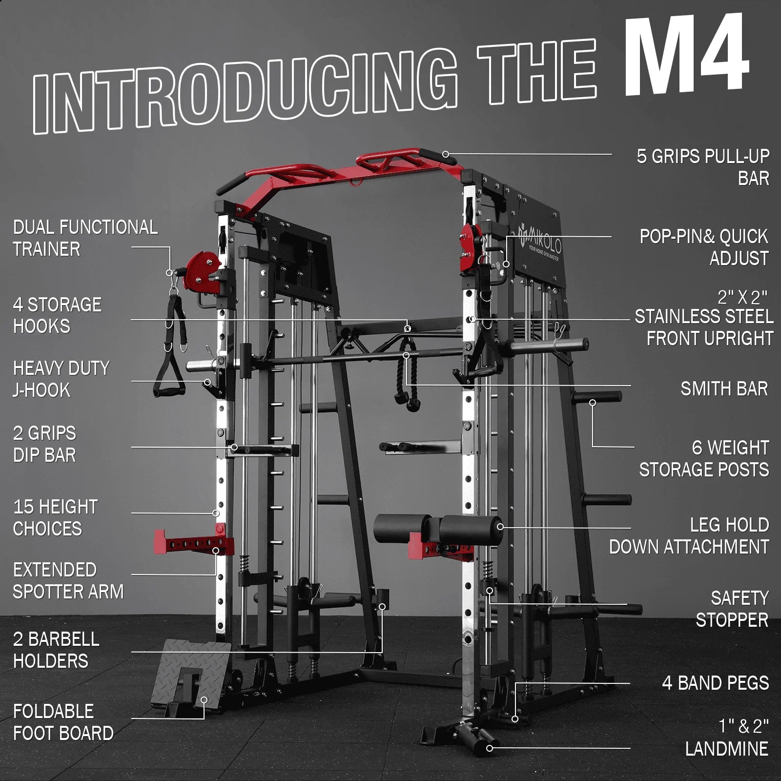 M4 All-In-One Smith Machine Home Gym Package, 2200 Lbs Power Rack Cage with Cable Crossover, 360° Landmine, Barbell Holders and Other Attachments, Total Body Strength Training Cage